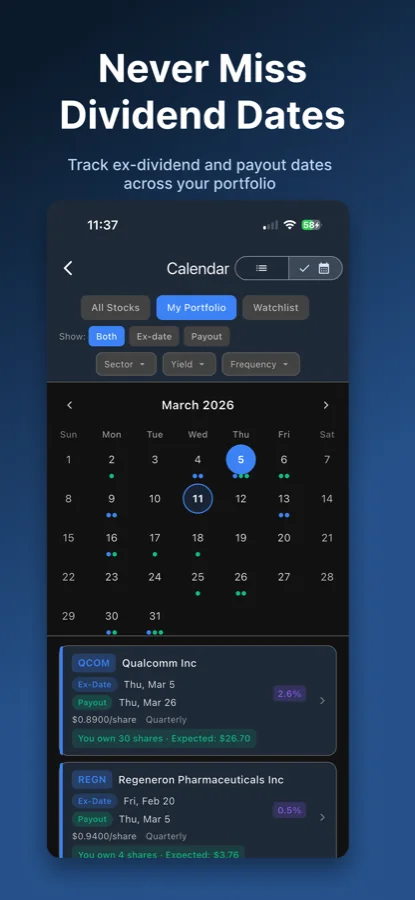 Yieldly dividend calendar showing date filters and payout events