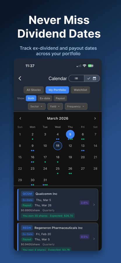 Yieldly dividend calendar with ex-dates and pay dates
