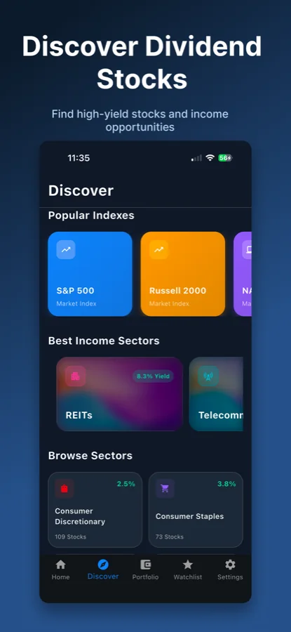 Yieldly Discover screen listing dividend stocks by sector and index