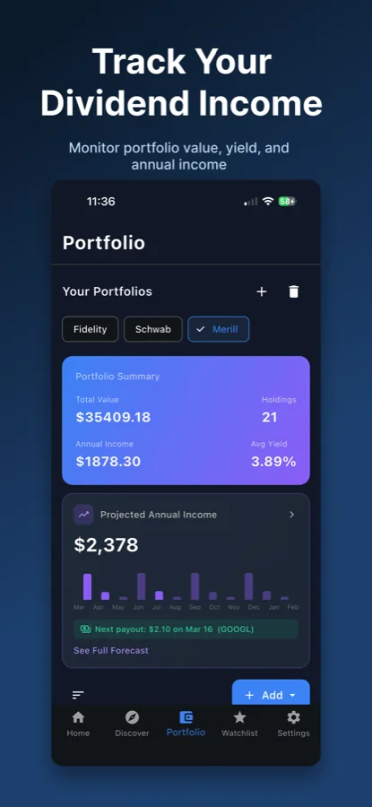 Yieldly portfolio showing holdings and estimated dividend income