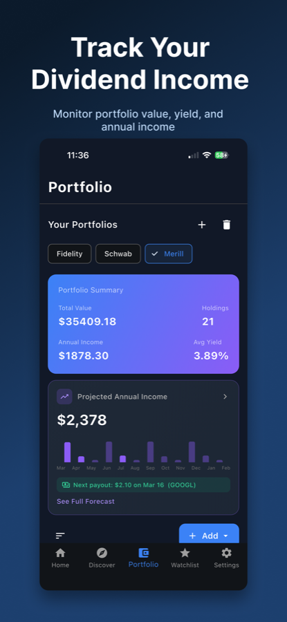 Yieldly portfolio tracking screen with holdings and income